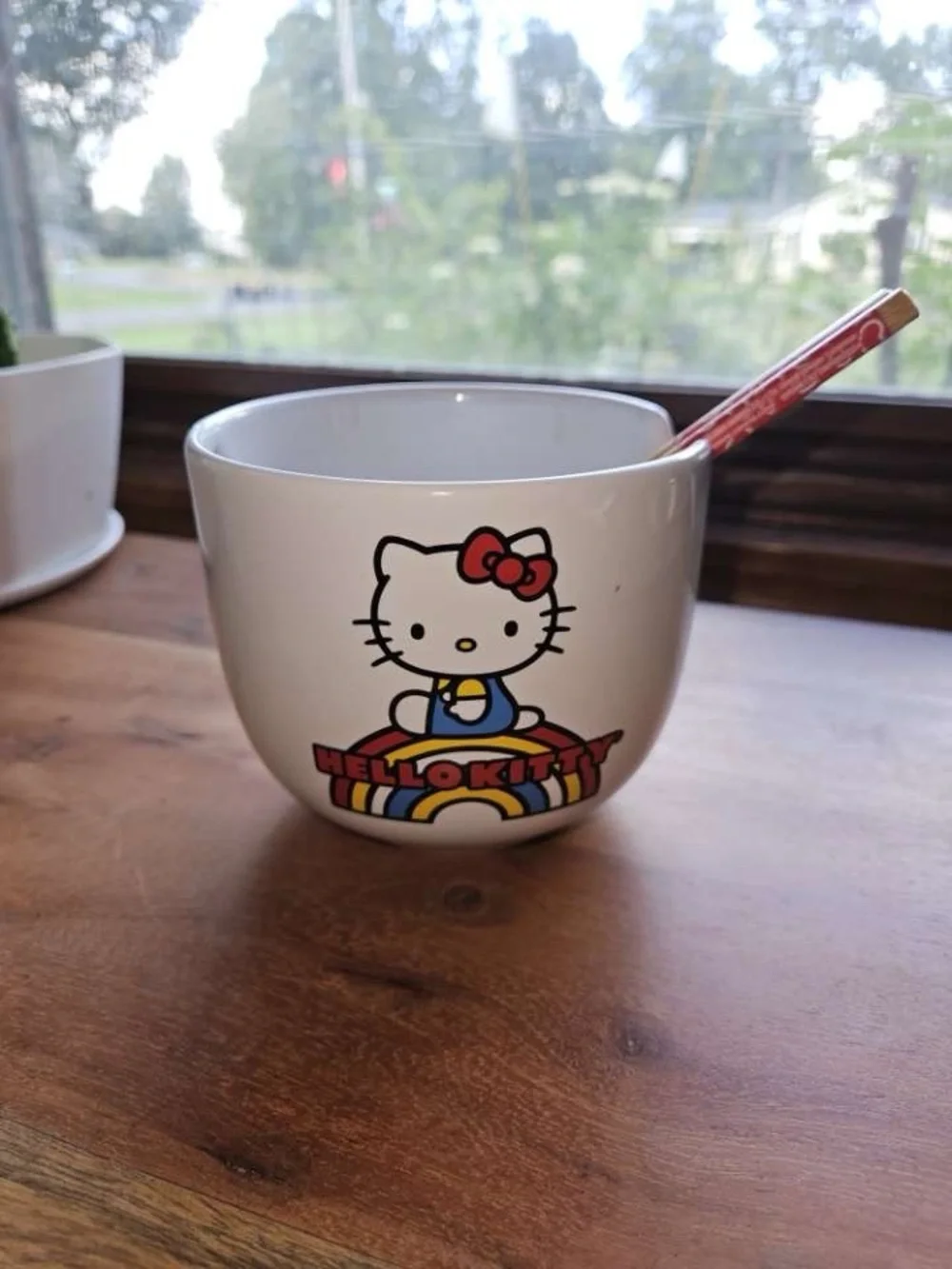 Hello Kitty White Bowl with Red Bow and Rainbow Accent